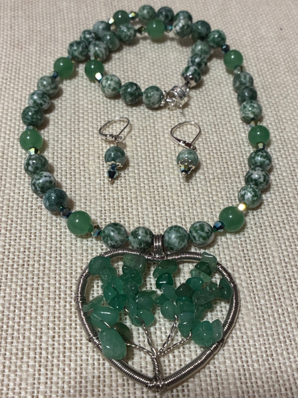Hand crafted Green aventurine tree of life pendant Necklace and Earring Set
